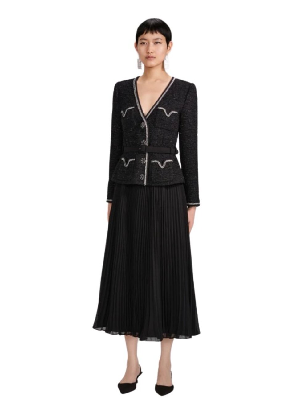 Self Portrait Black Metallic Boucle and Chiffon Midi Dress